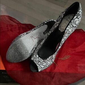 Rene Caovilla Silver and Black Lace Heels